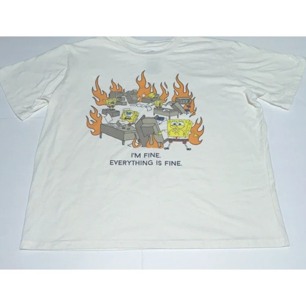 SpongeBob SquarePants Men's XL White Graphic T-Shirt 'I'm Fine Everything'